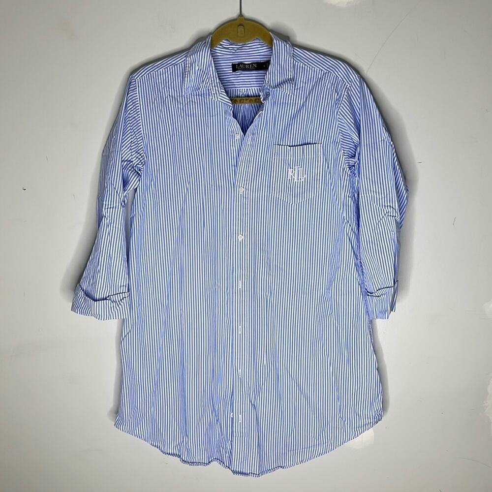 RALPH LAUREN Blue and White Embroidered Striped Long Sleeve Sleep Shirt Small